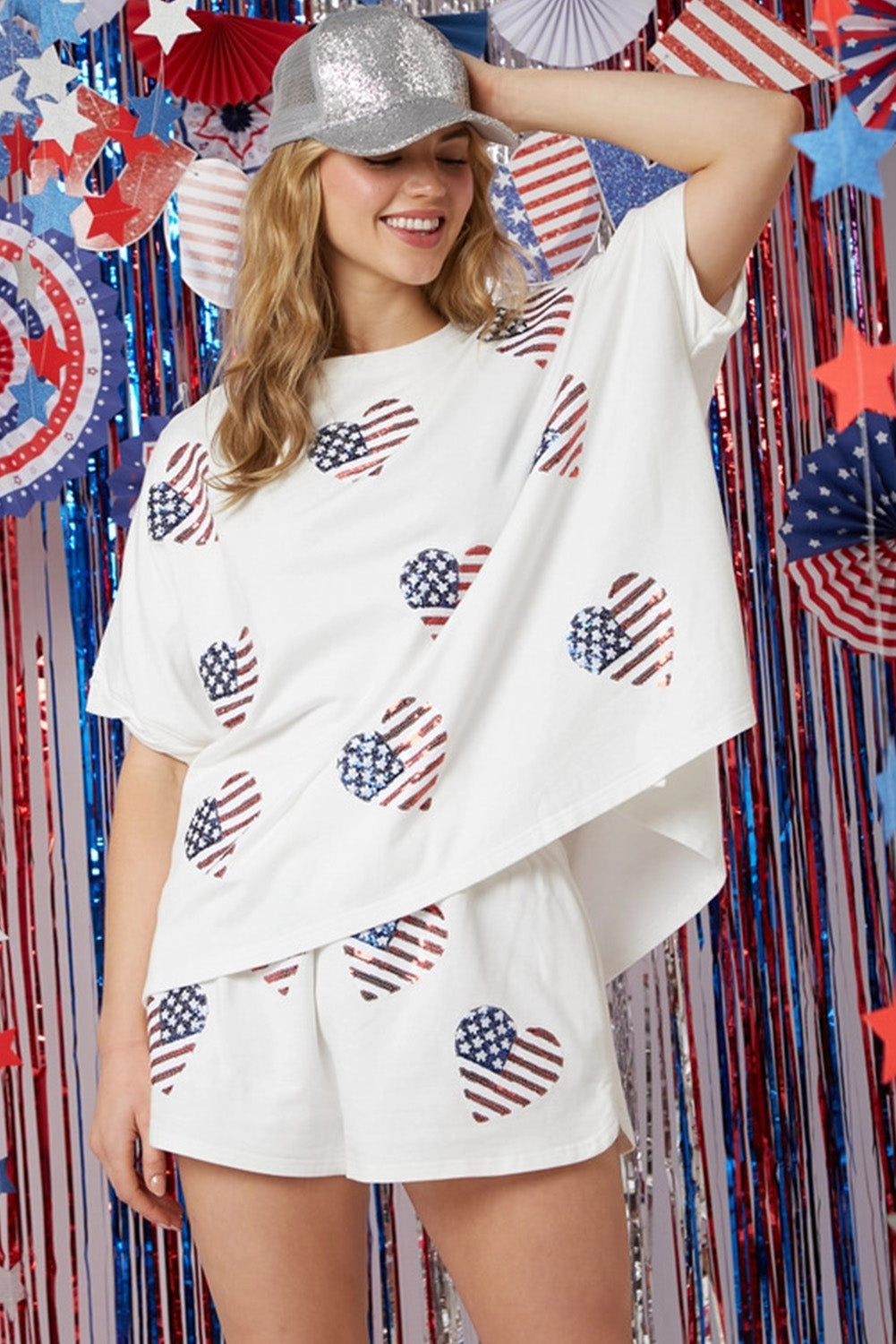 White American Flag Sequin Graphic Loose Top and Short Set