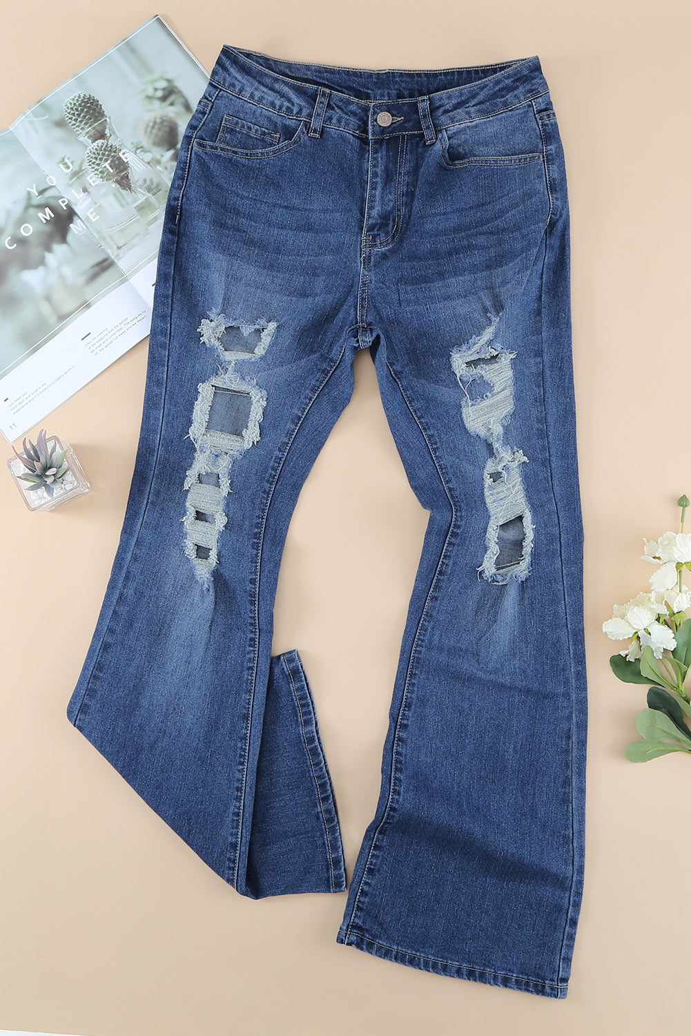 Blue High Waist Distressed Bell Jeans