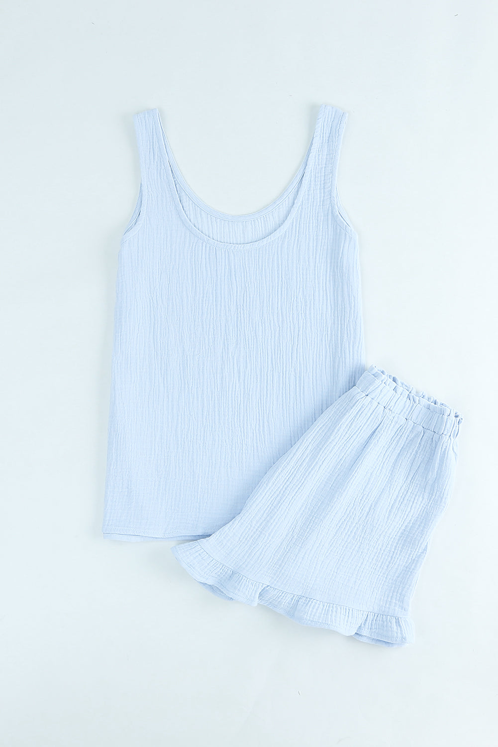 Sky Blue Textured U Neck Tank Top and High Waist Shorts Set