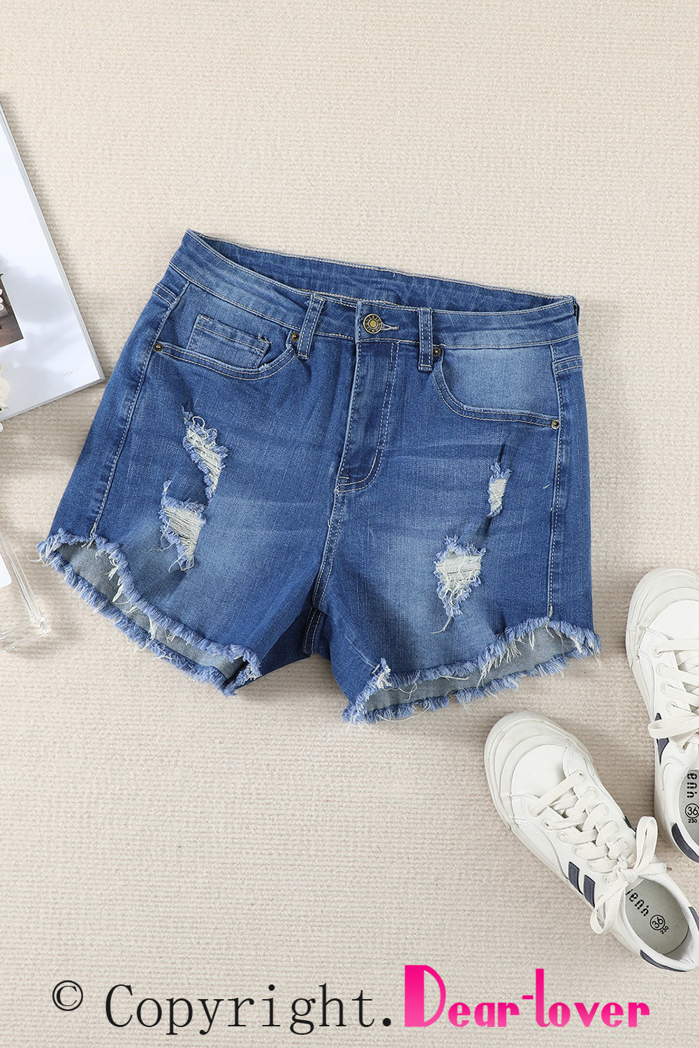 Dark Blue Frayed Hem Denim Shorts