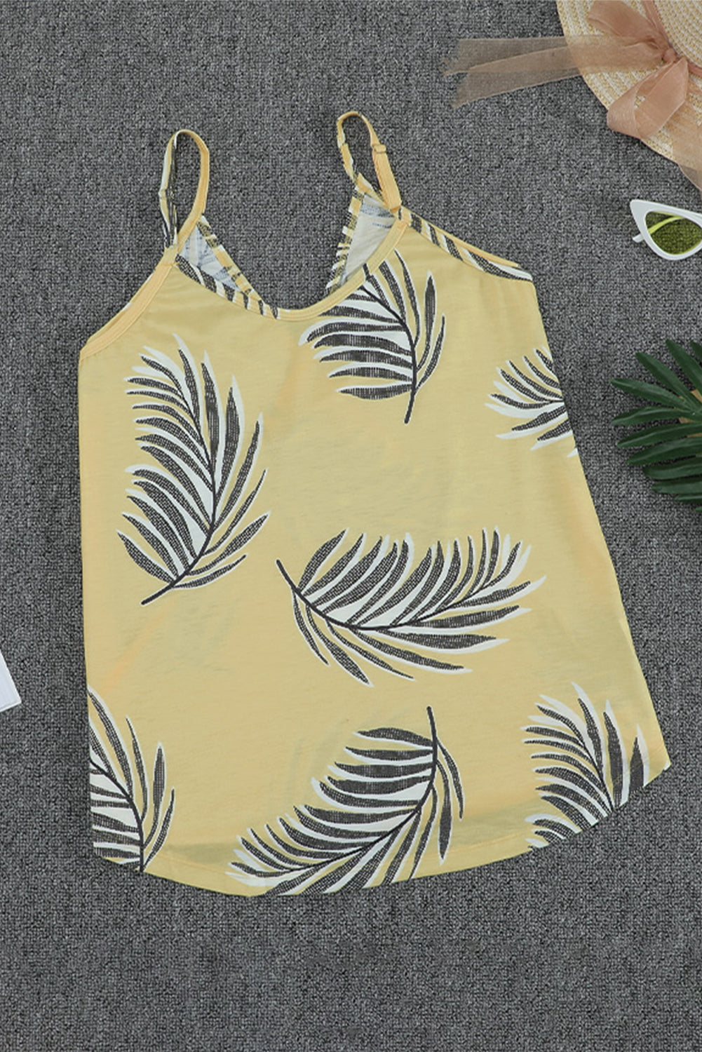 Yellow Tropical Plant Print Tank Top