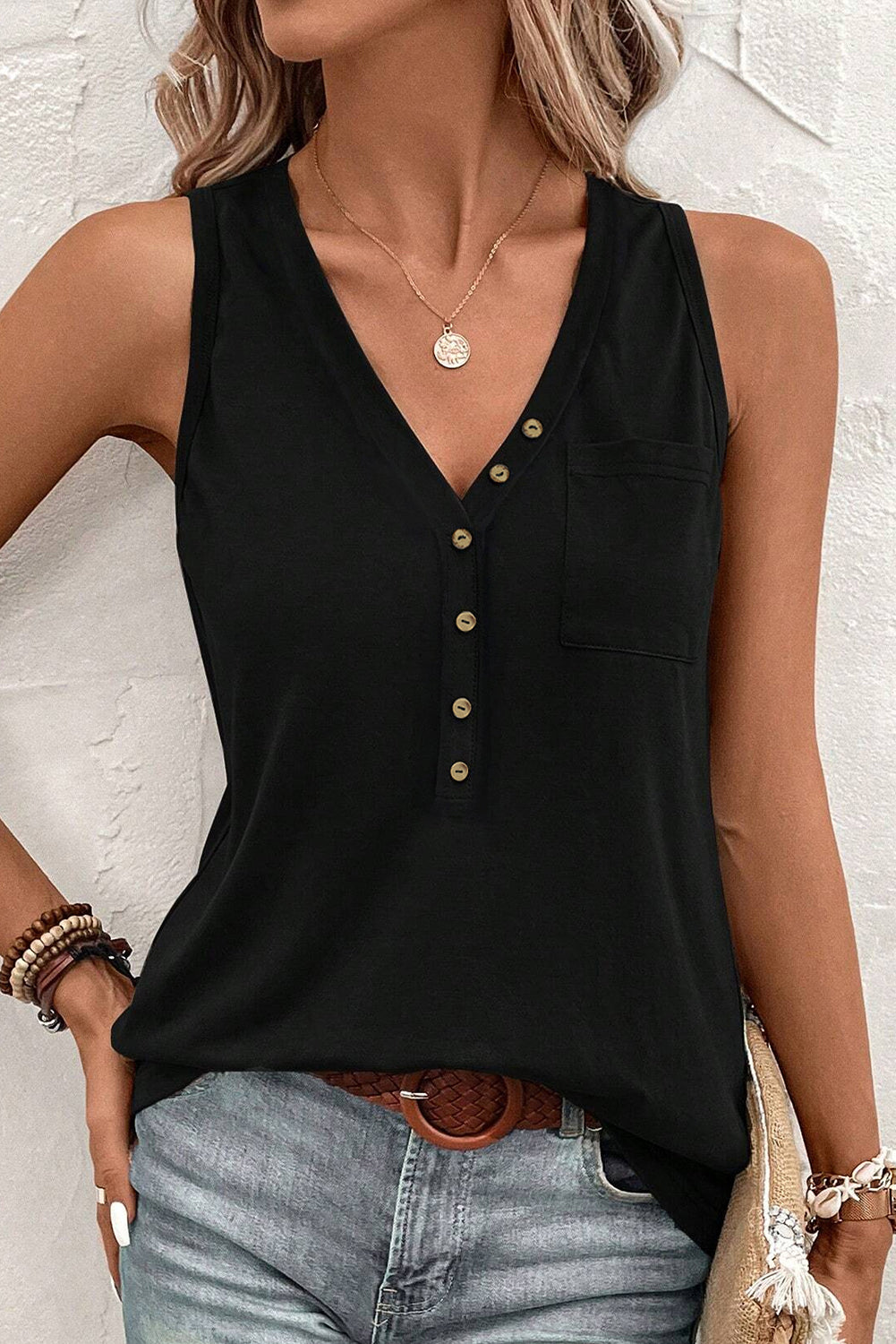 Black Half Button V Neck Patched Pocket Tank Top