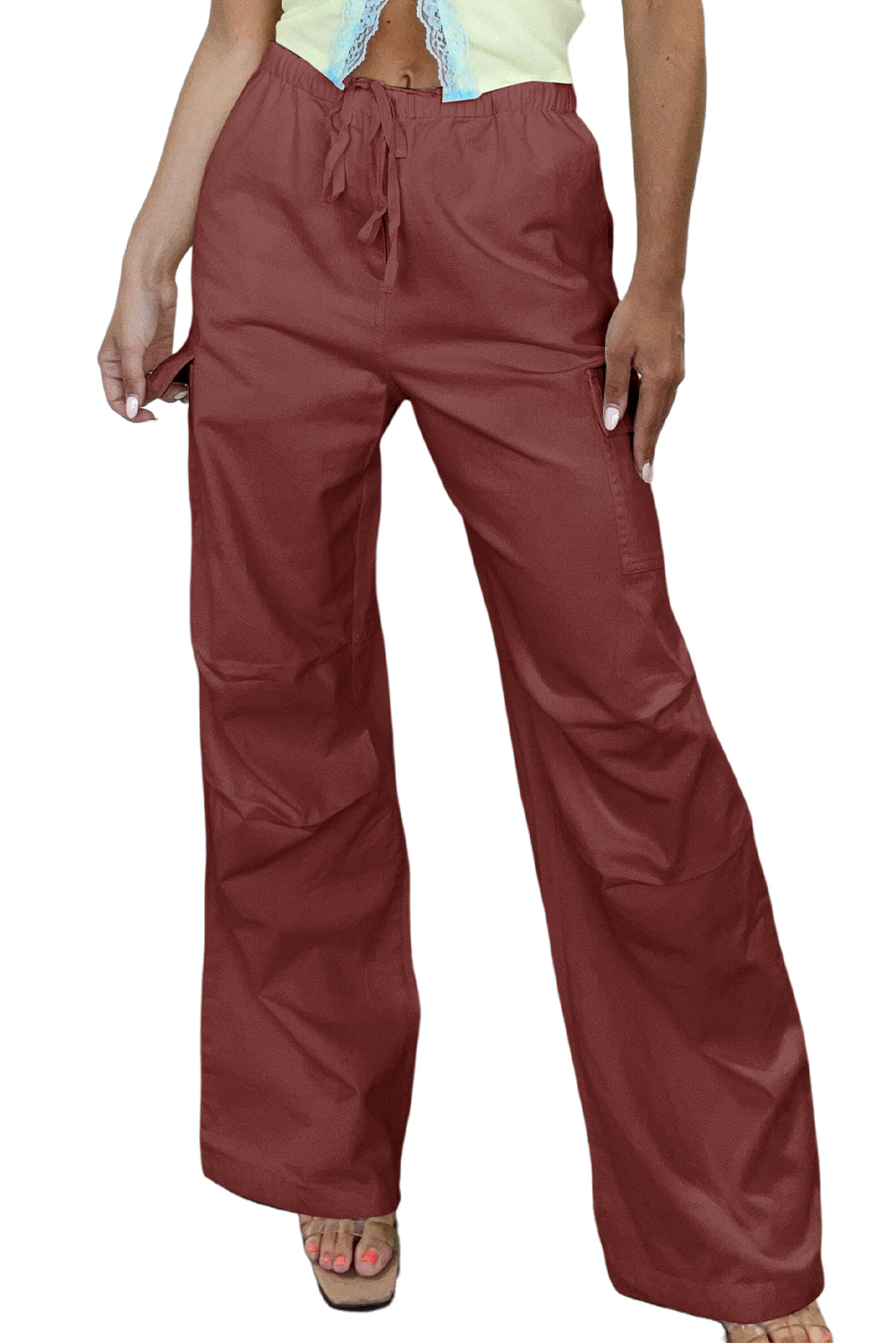 Mineral Red Solid Color Drawstring Waist Wide Leg Cargo Pants