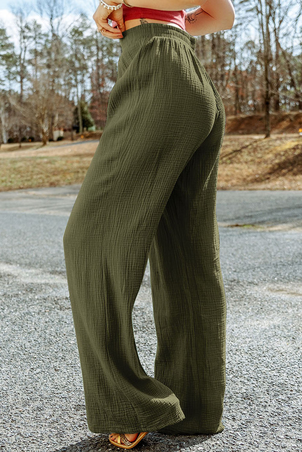 Green Crinkle Textured Wide Leg Pants