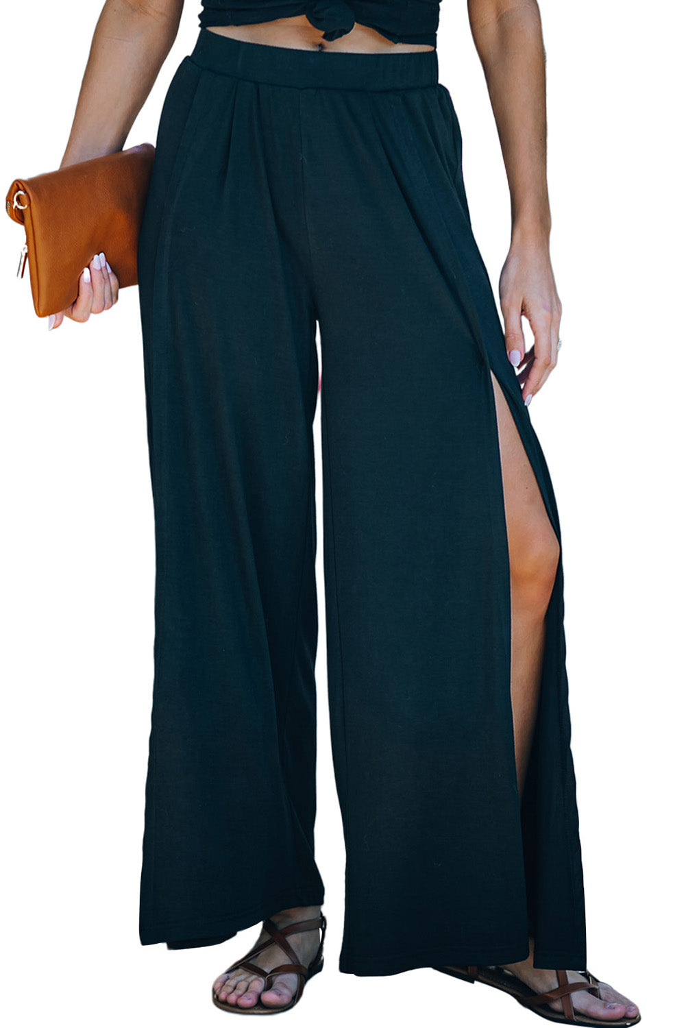 Black Side Slit Wide Leg Mid Waist Pants