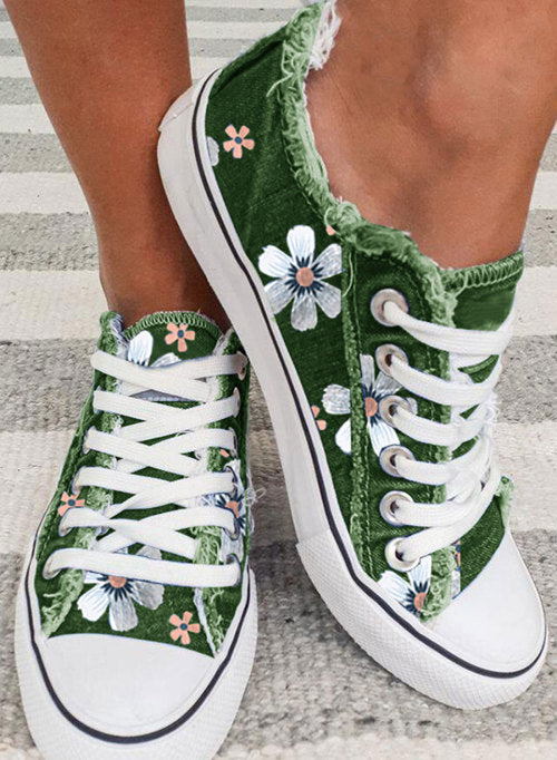 Green Floral Print Lace-up Canvas Sneakers