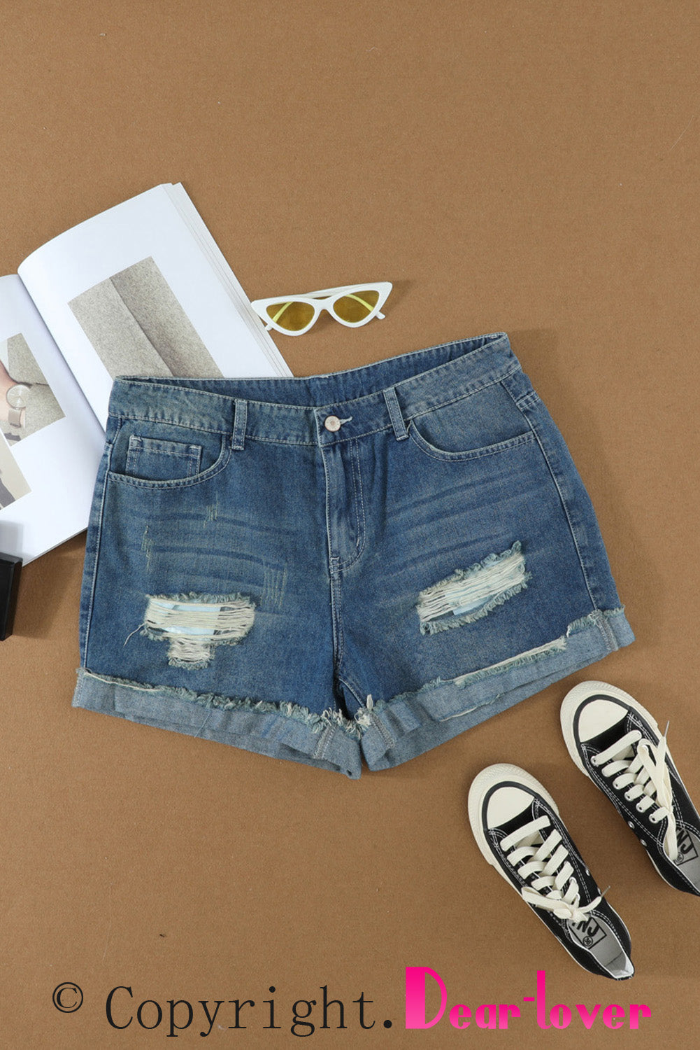 Distressed Ripped Rolled Hem Blue Denim Shorts