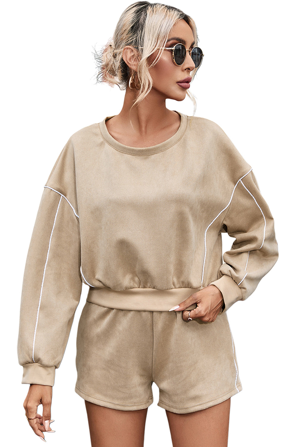 Khaki Piping Trim Long Sleeve Terry Shorts Set