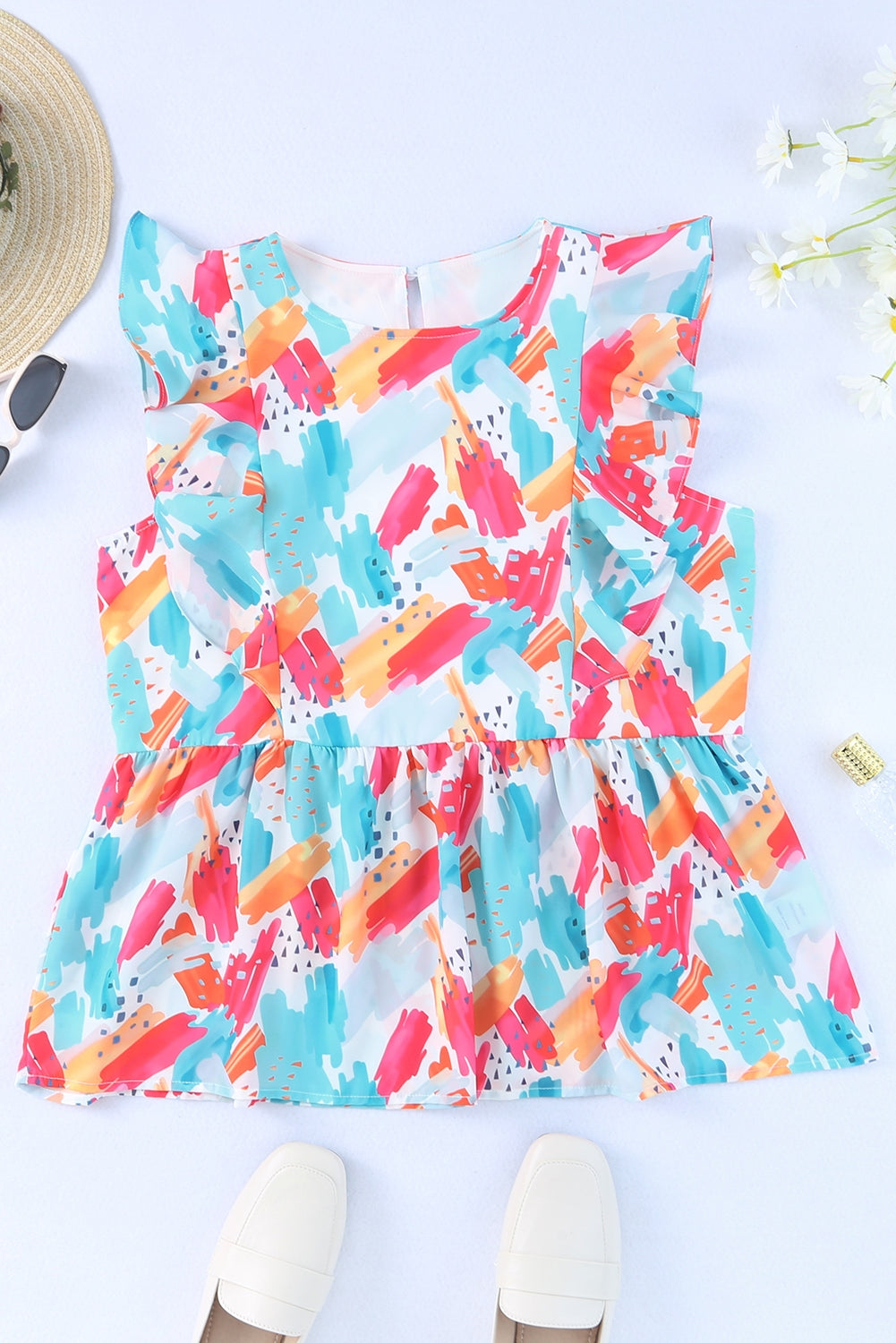 Sky Blue Brush Print Ruffle Trim Peplum Tank Top