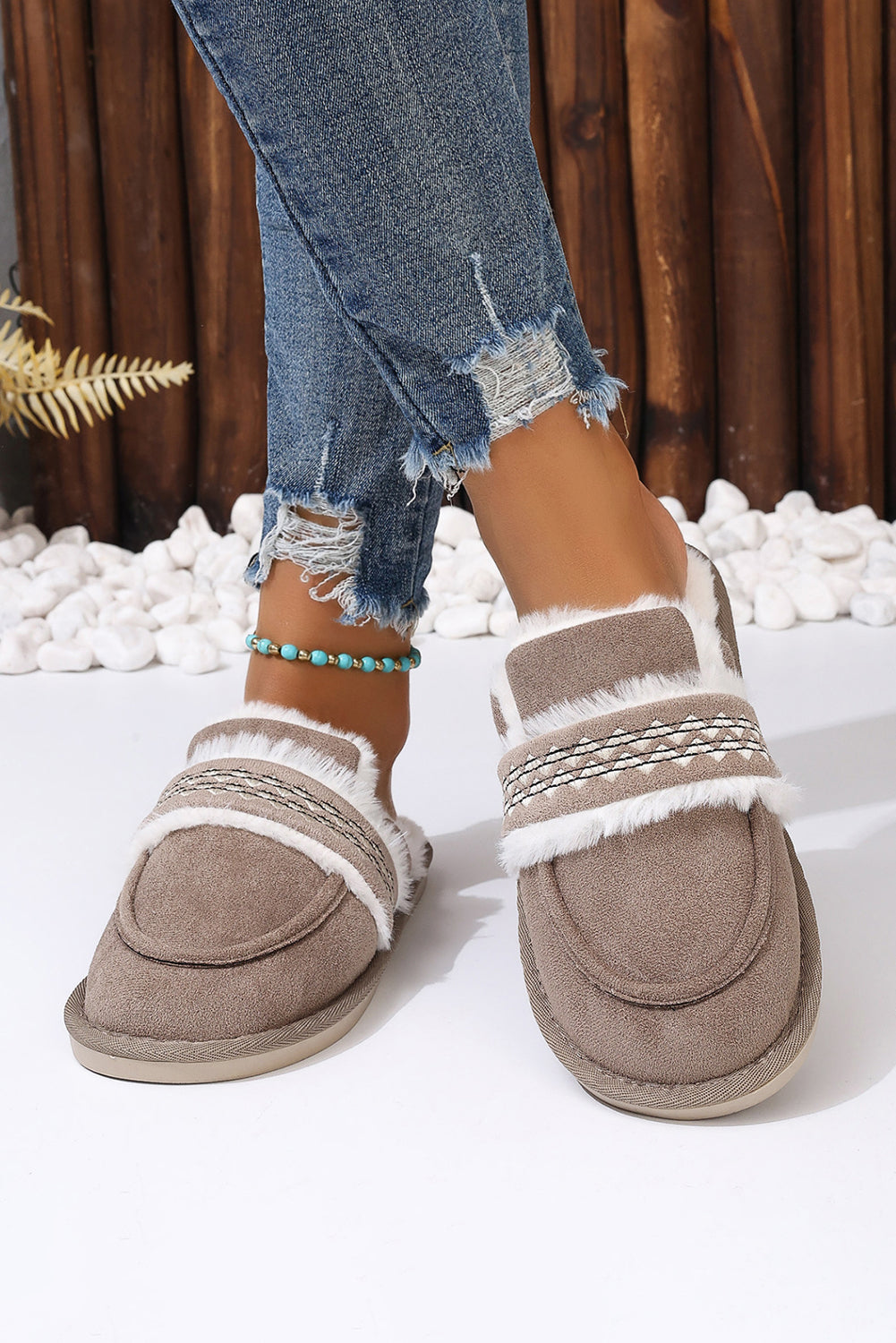 Gray Suede Wavy Striped Plush Lined Slippers (Run Small, Size Up)