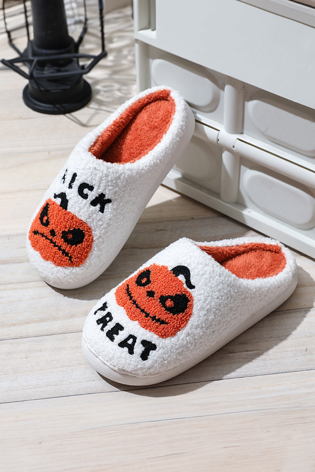 White Halloween Pumpkin Trick Or Treat Plush Slippers