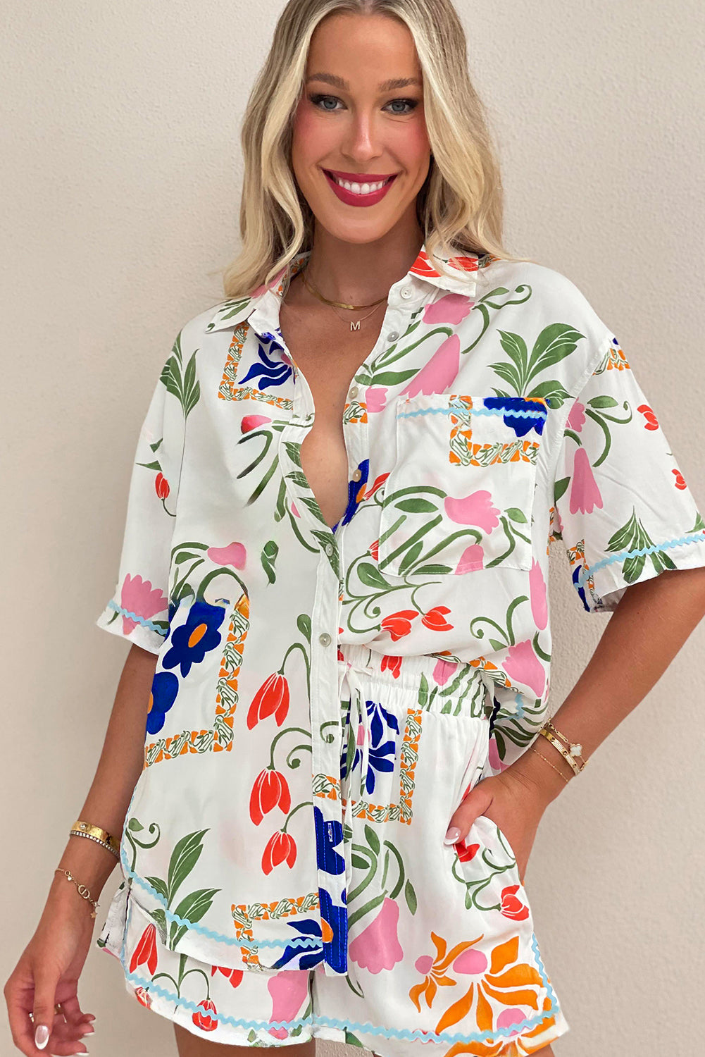 Ricrac Trim Floral Short Sleeve Shirt and Shorts Outfit