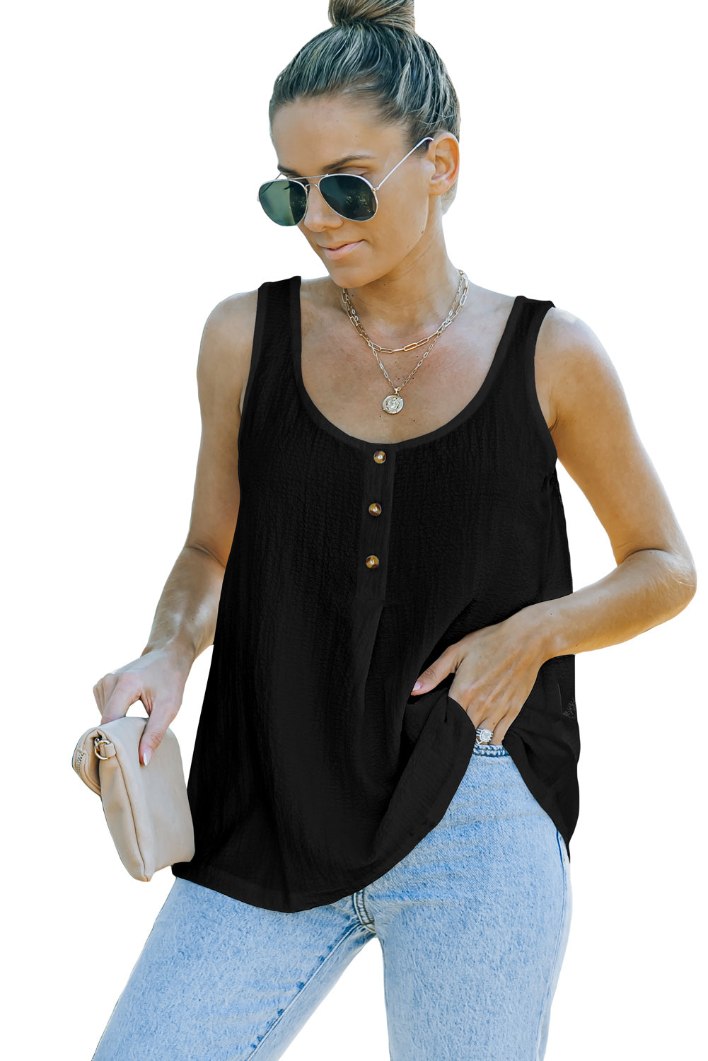 Black Button Textured Tank Top