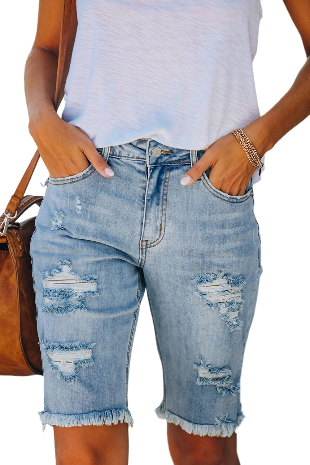 Light Blue Distressed Denim Bermuda Shorts