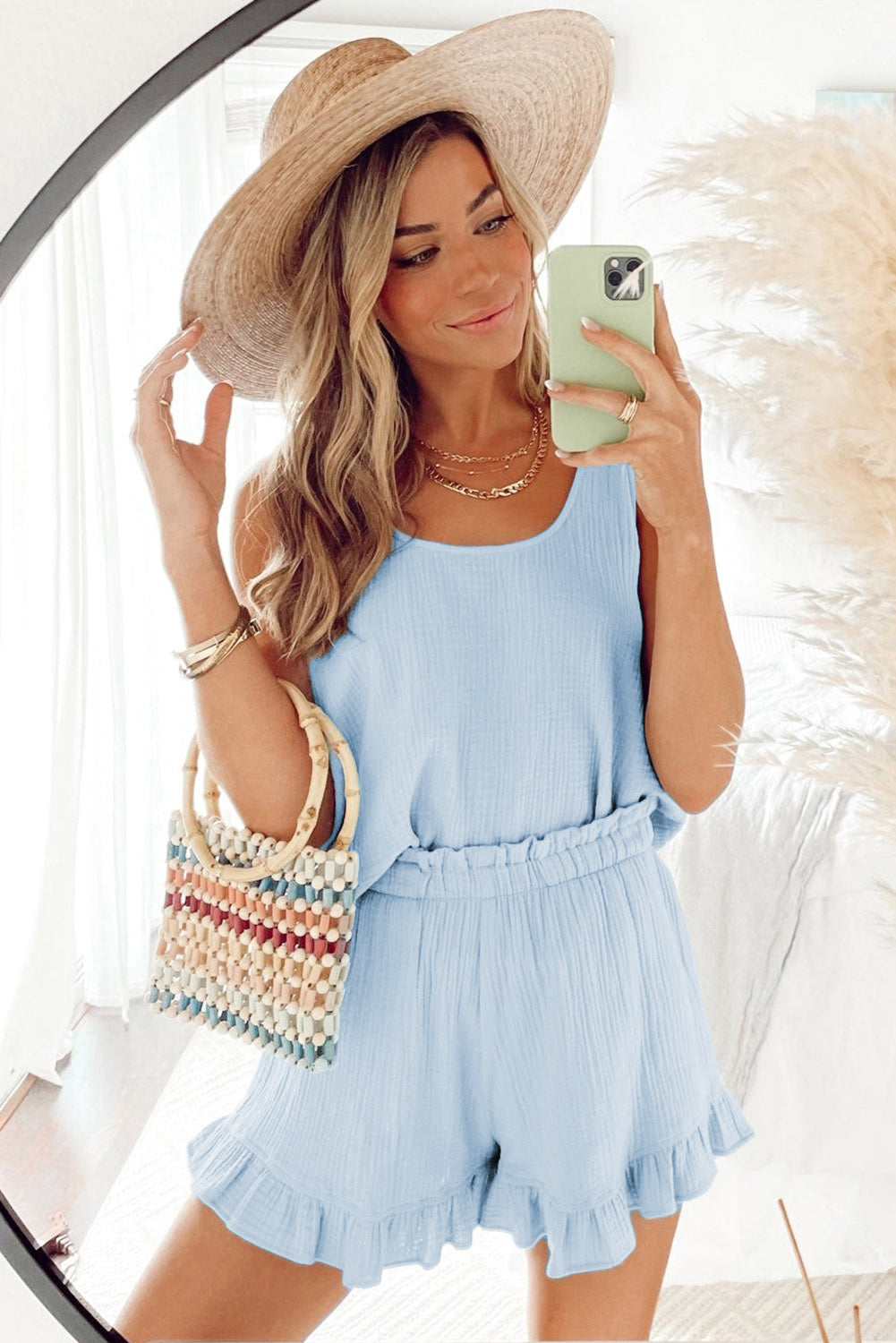 Sky Blue Textured U Neck Tank Top and High Waist Shorts Set