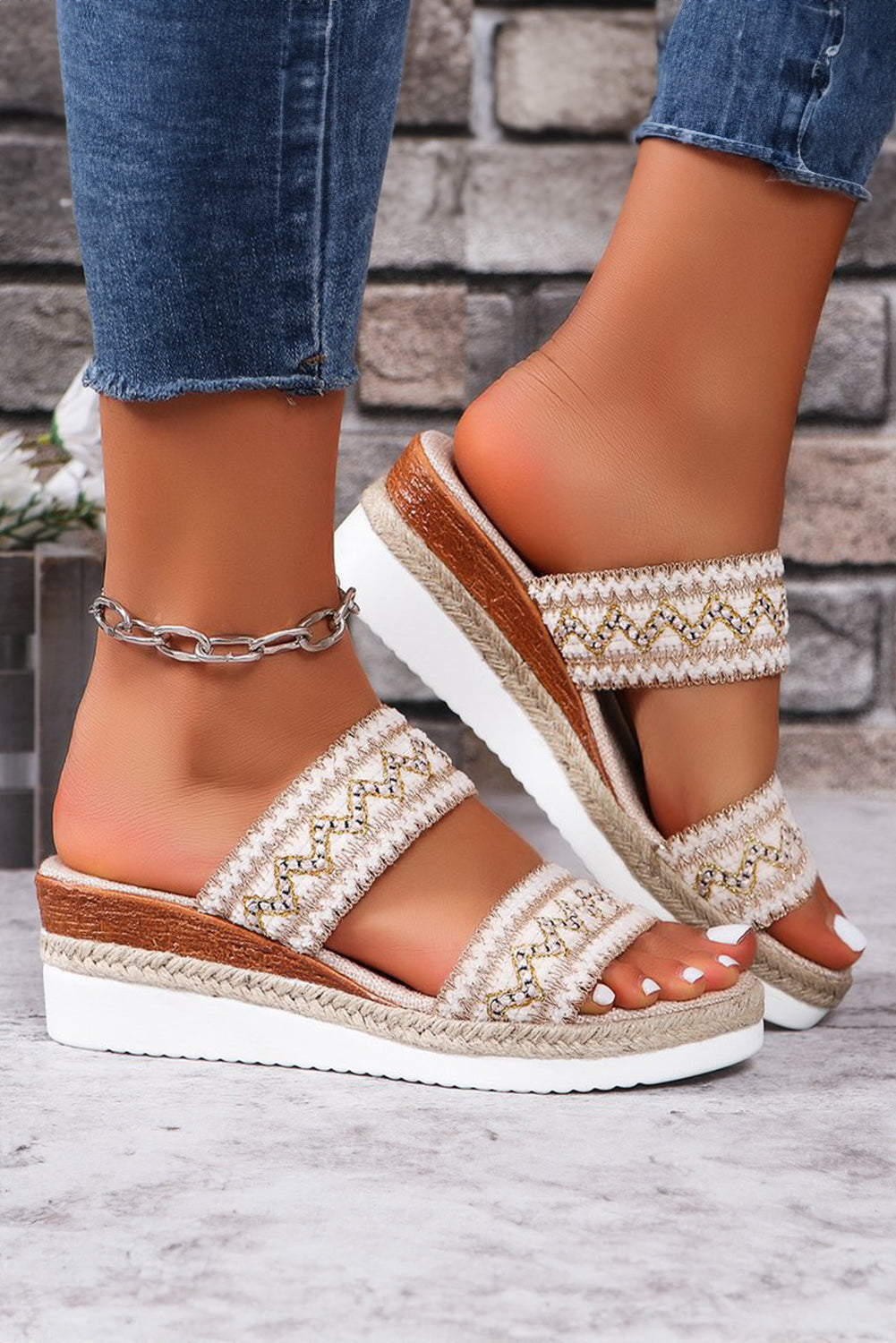 Beige Crochet Dual Band Wedge Slippers