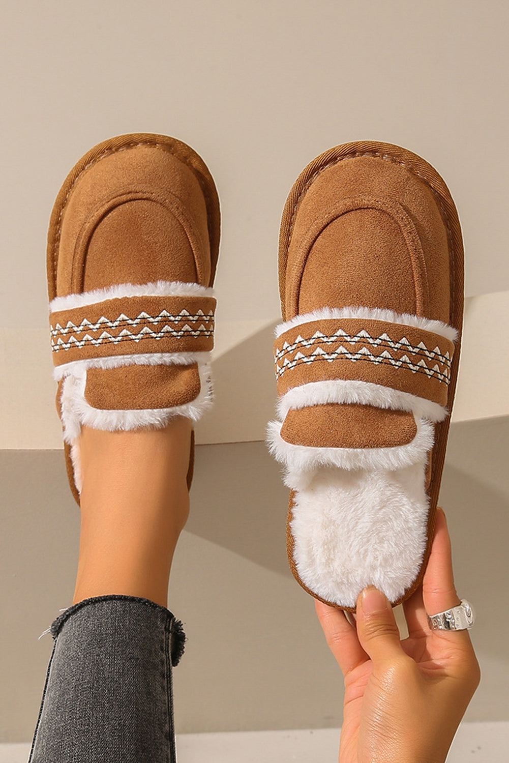 Chestnut Suede Wavy Striped Plush Lined Slippers (Run Small, Size Up)