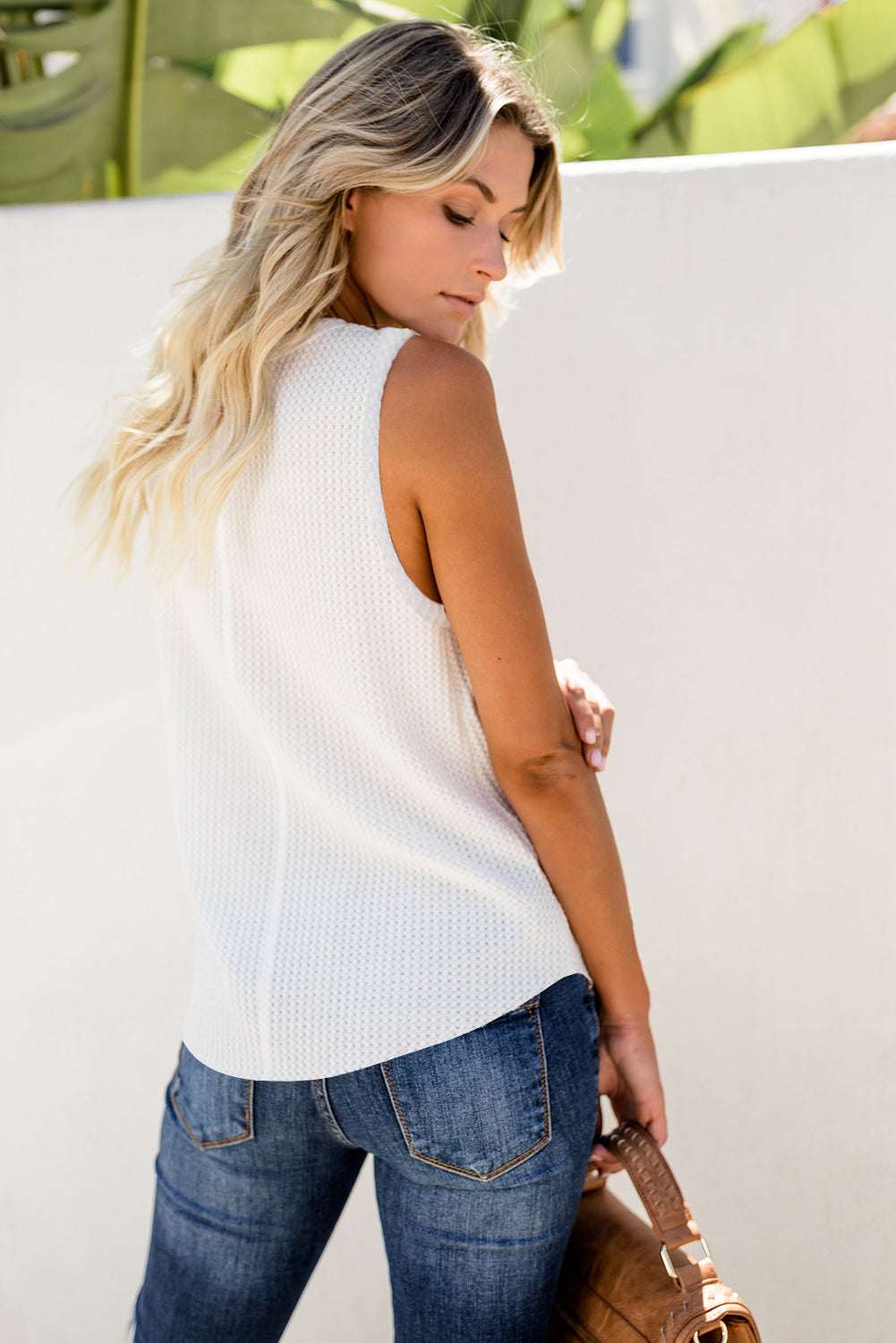 White Crew Neck Waffle Tank Top