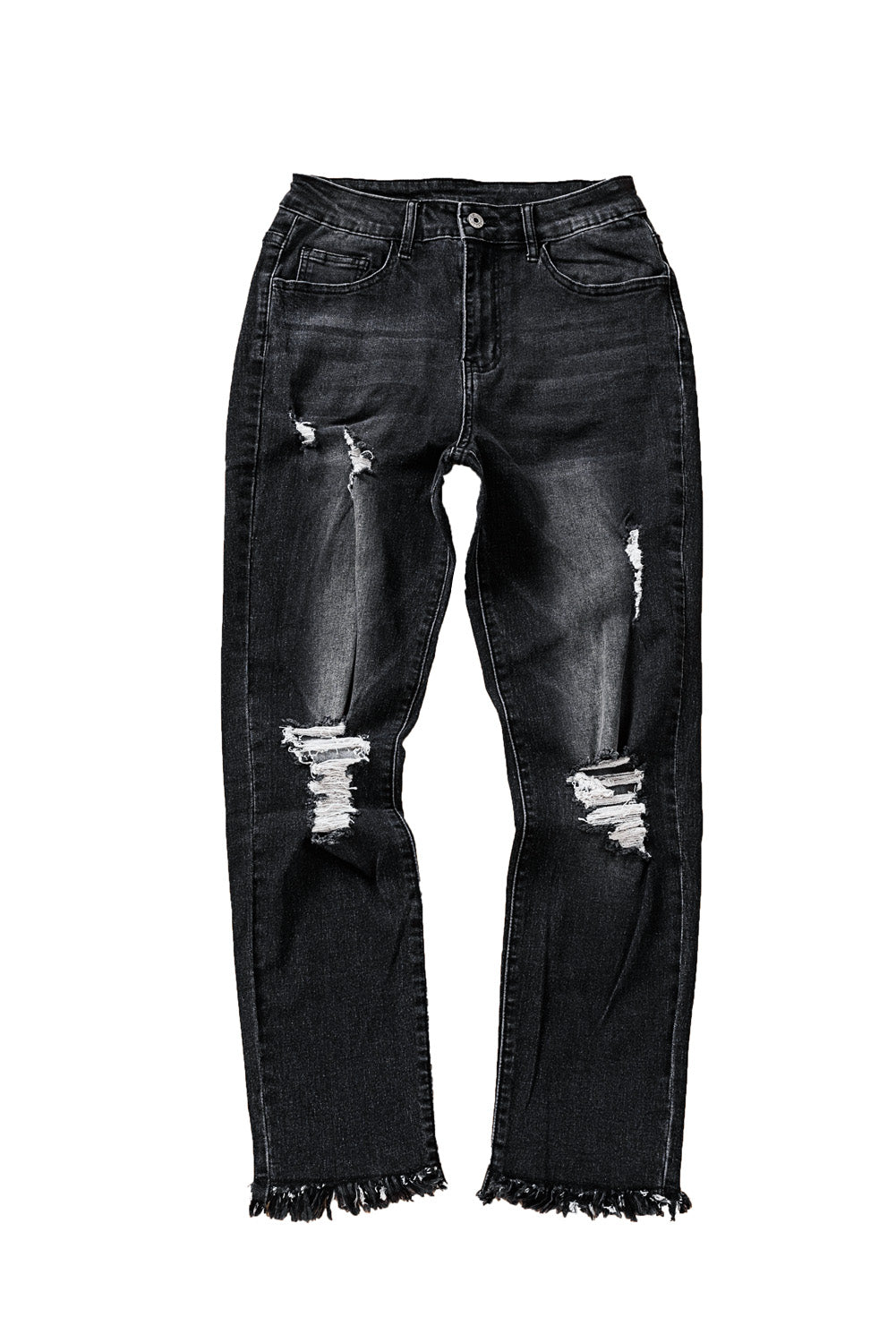 Black Distressed Raw Hem Button Mid Waist Jeans