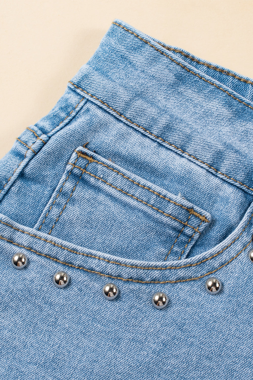 Sky Blue Stud Embellished High Waist Denim Shorts