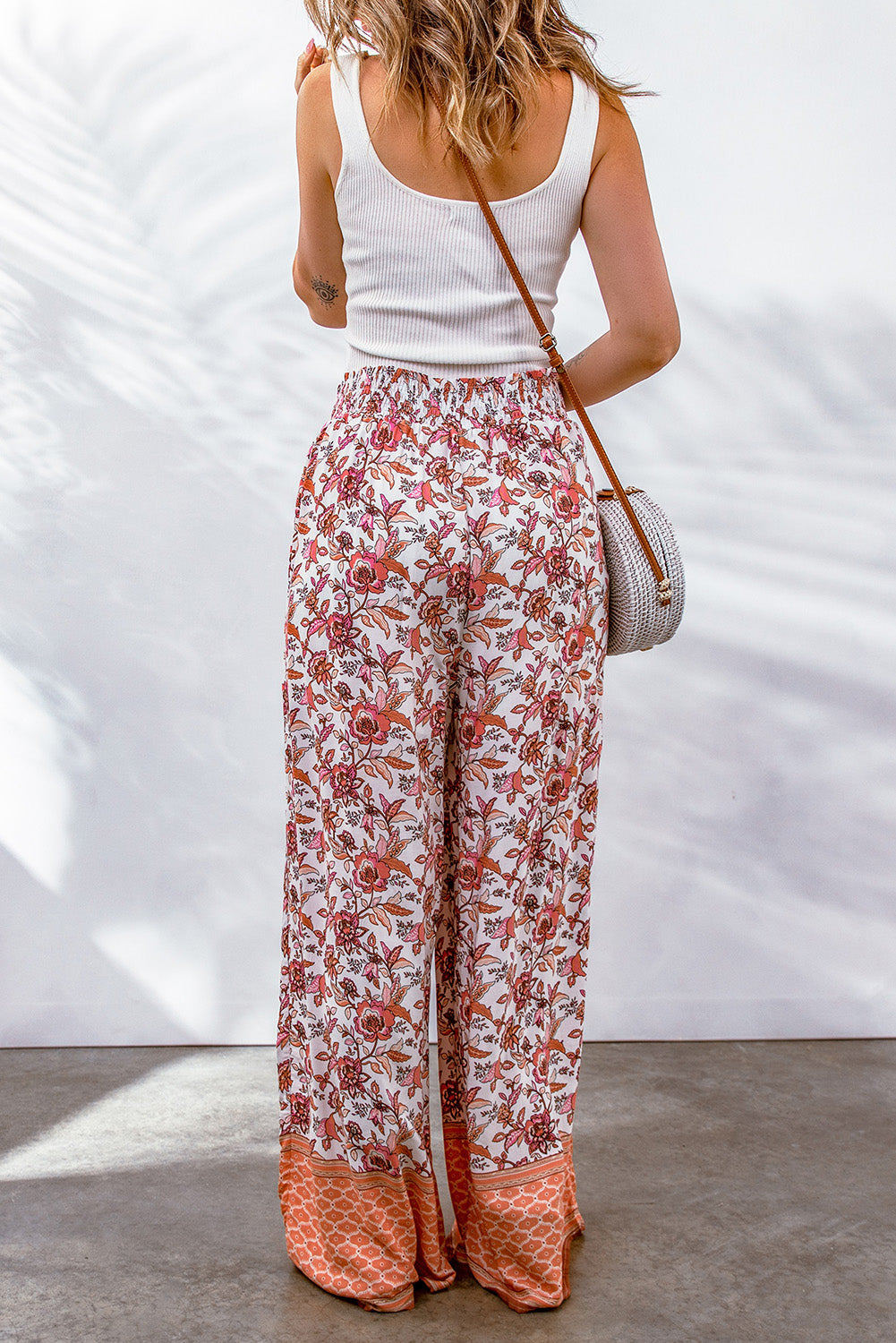 Fiery Red Floral Print Shirred High Waist Wide Leg Pants