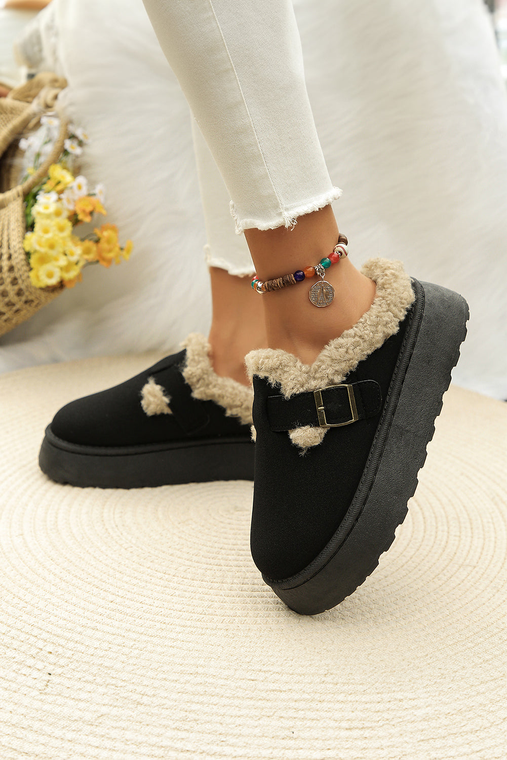 Black Plush Patched Buckle Decor Thick Sole Thermal Slippers