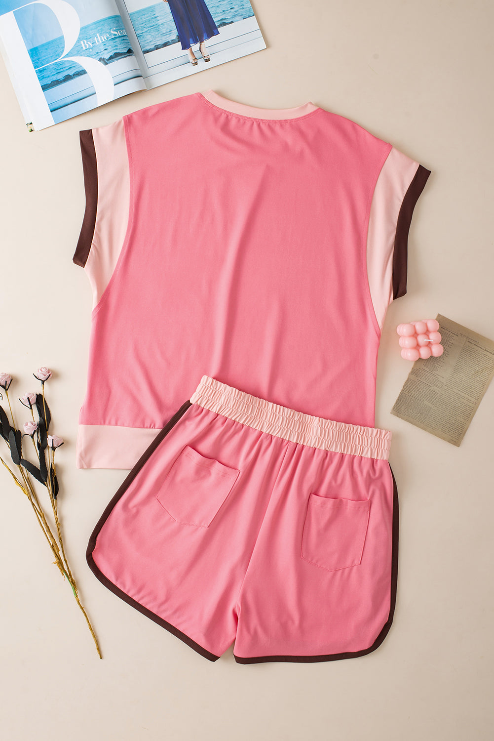 Peach Blossom Contrast Trim Cap Sleeve Tee Shorts Set