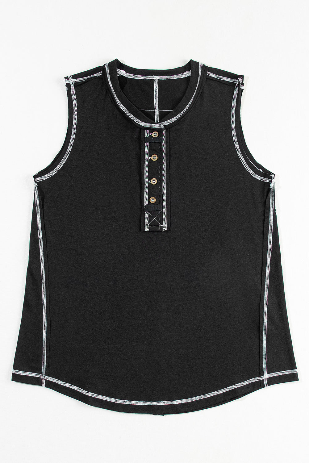 Black Contrast Stitching Exposed Seam Henley Tank Top