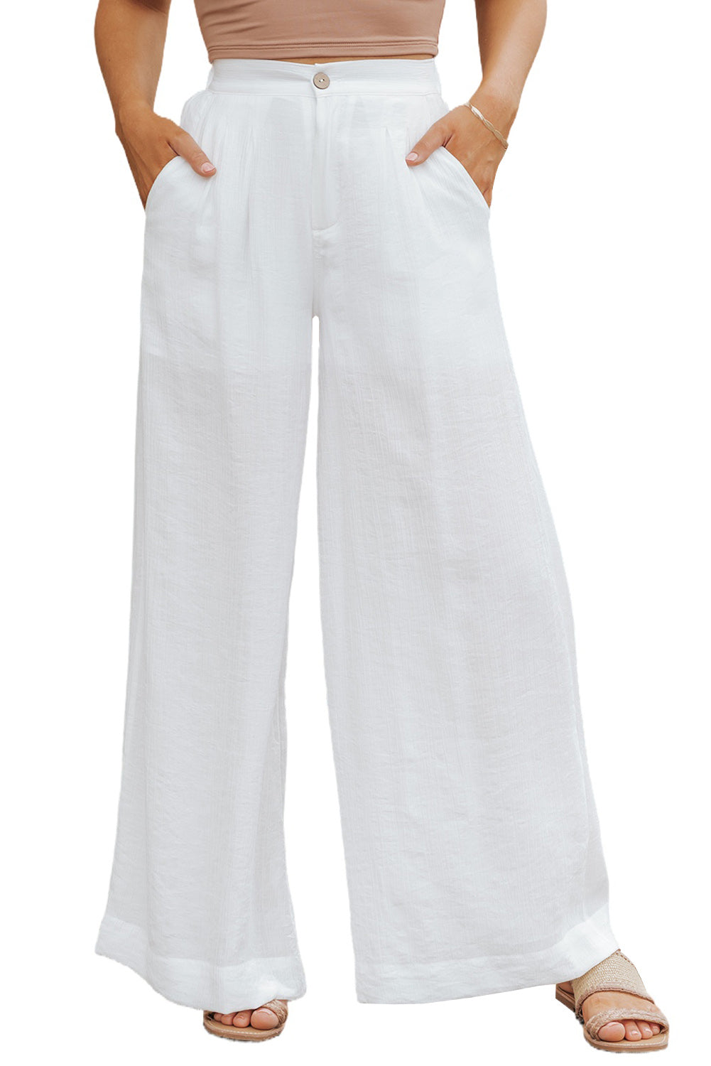 White Solid Color Elastic Waist Pleated Wide Leg Pants