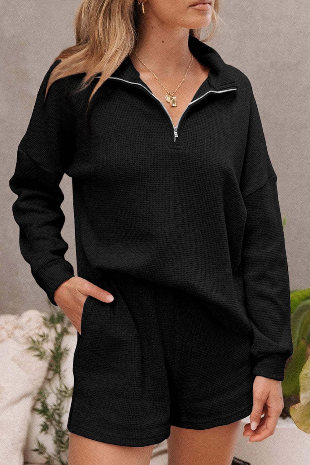 Black Ribbed Zipper Sweatshirt and High Waist Shorts Set